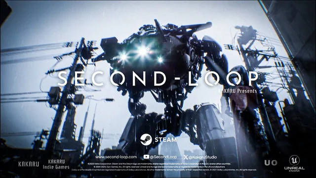 SECOND-LOOP key art with a large mech amid industrial buildings.